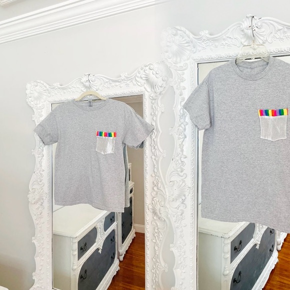 New York Couture 80’s Disney Epcot Remake Silver Rainbow Pocket T-Shirt - Picture 1 of 7